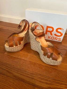 Michael Kors Brown Leather Espadrille Wedge Sandals
